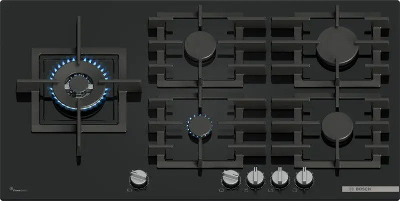 بوتاجاز مسطح بلت ان غاز بوش، 90 سم، أمان تام، حوامل زهر، سطح زجاج، أسود ، PPM9A6I40
