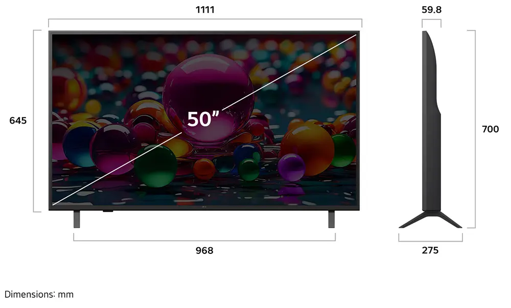 شاشة سمارت إل جي، 50 بوصة، دقة 4K UHD، نظام webOS25، يدعم الذكاء الأصطناعي، واي فاي، ريسيفر داخلي، 50UA84006LB