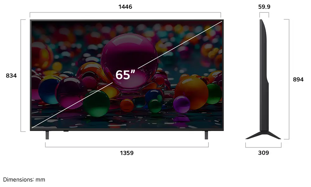 شاشة سمارت إل جي، 65 بوصة، دقة 4K UHD، نظام webOS25، يدعم الذكاء الأصطناعي، واي فاي، ريسيفر داخلي، 65UA84006LB