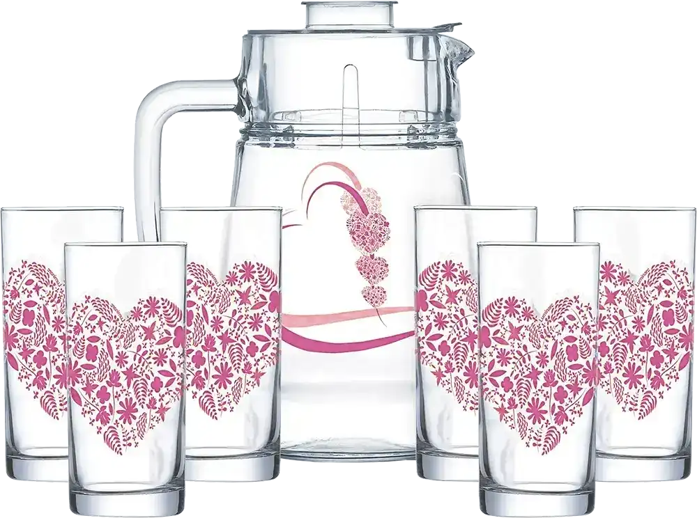 طقم شربات جولي كور ريد لومينارك ، مكون من 7 قطع ، دورق + 6 شوب ، بينك