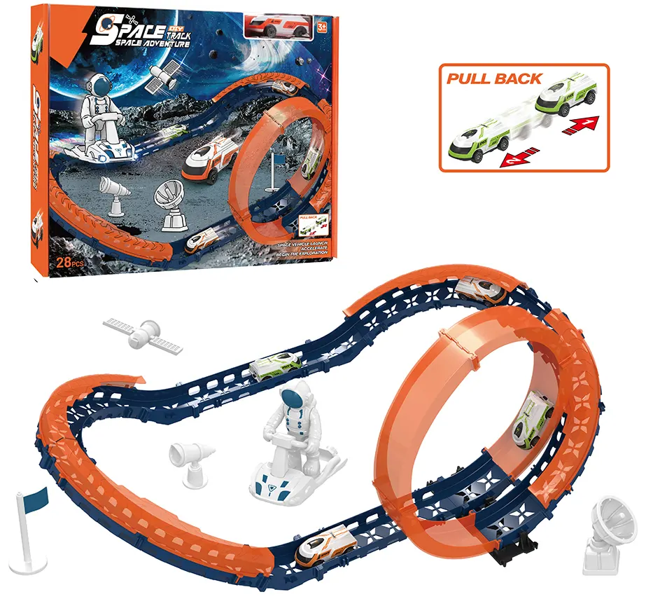 مجموعة بناء تراك سباق مغامرة الفضاء، 28 قطعة، سيارة دفع وسحب، ألوان متعددة