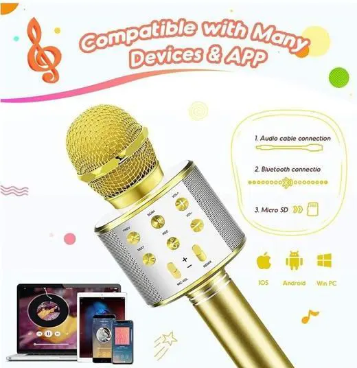 Wester Bluetooth Karaoke Microphone, Memory Card, Gold, Model WS-858