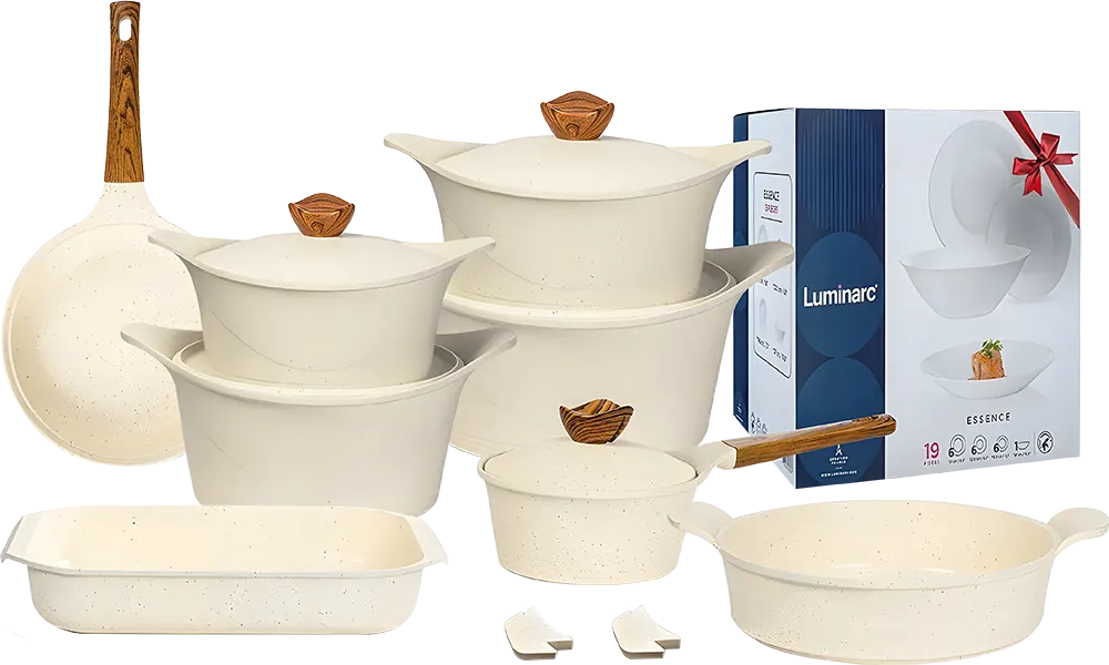 Glory Premium Granite 36-Piece Cookware Set, Luminarc Essence 19-Piece Gift Set, Beige