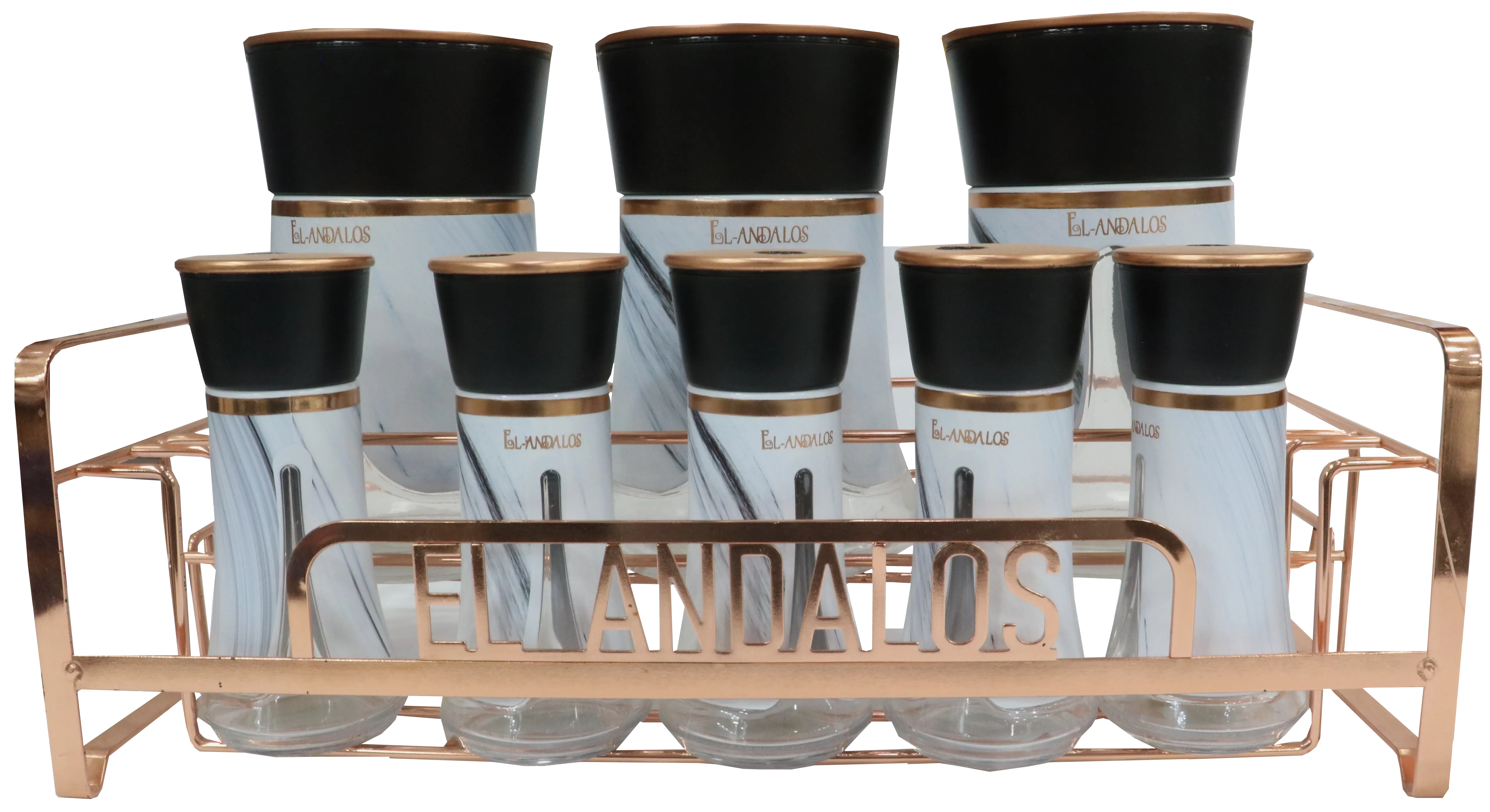 طقم توابل من الاندالس ، ابيض في اسود  ، 8 قطع + حامل معدني ، 06