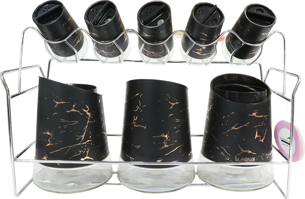 طقم توابل من الاندلس، 8 قطع + حامل معدني، اسود 01