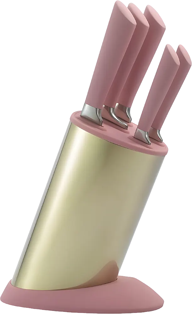 El Baraka Steel Knife Set, 5 Pieces with Metal Holder, Ceramic Rose