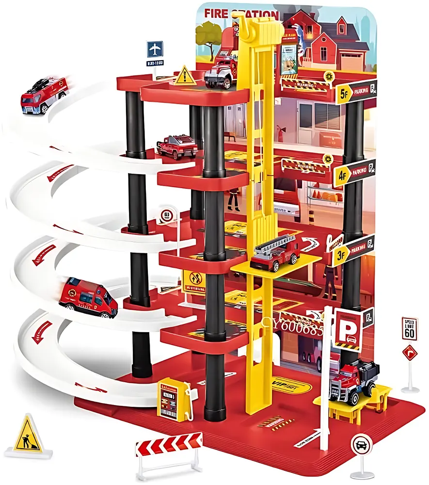 لعبة جراج سيارات الإطفاء، مسار سباق تفاعلي مع سيارات معدنية ، طوابق متعددة ومصعد متحرك، مثالية للأطفال محبي السرعة ،652-J41