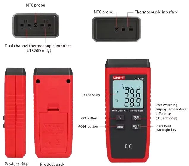 UNI-T Thermometer, Dual Channel, Digital Display, Temperature Difference Calculation Between Channels, 4.5V, UT320D