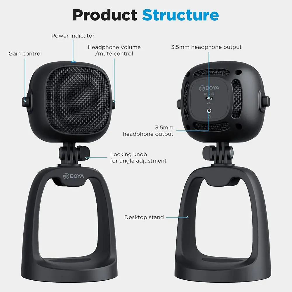 BOYA BY-CM6 Wired Condenser Desktop Microphone, Cardioid Pickup Pattern, 20Hz-20kHz Frequency, Type-C Port, 3.5mm Headphone Output, Black