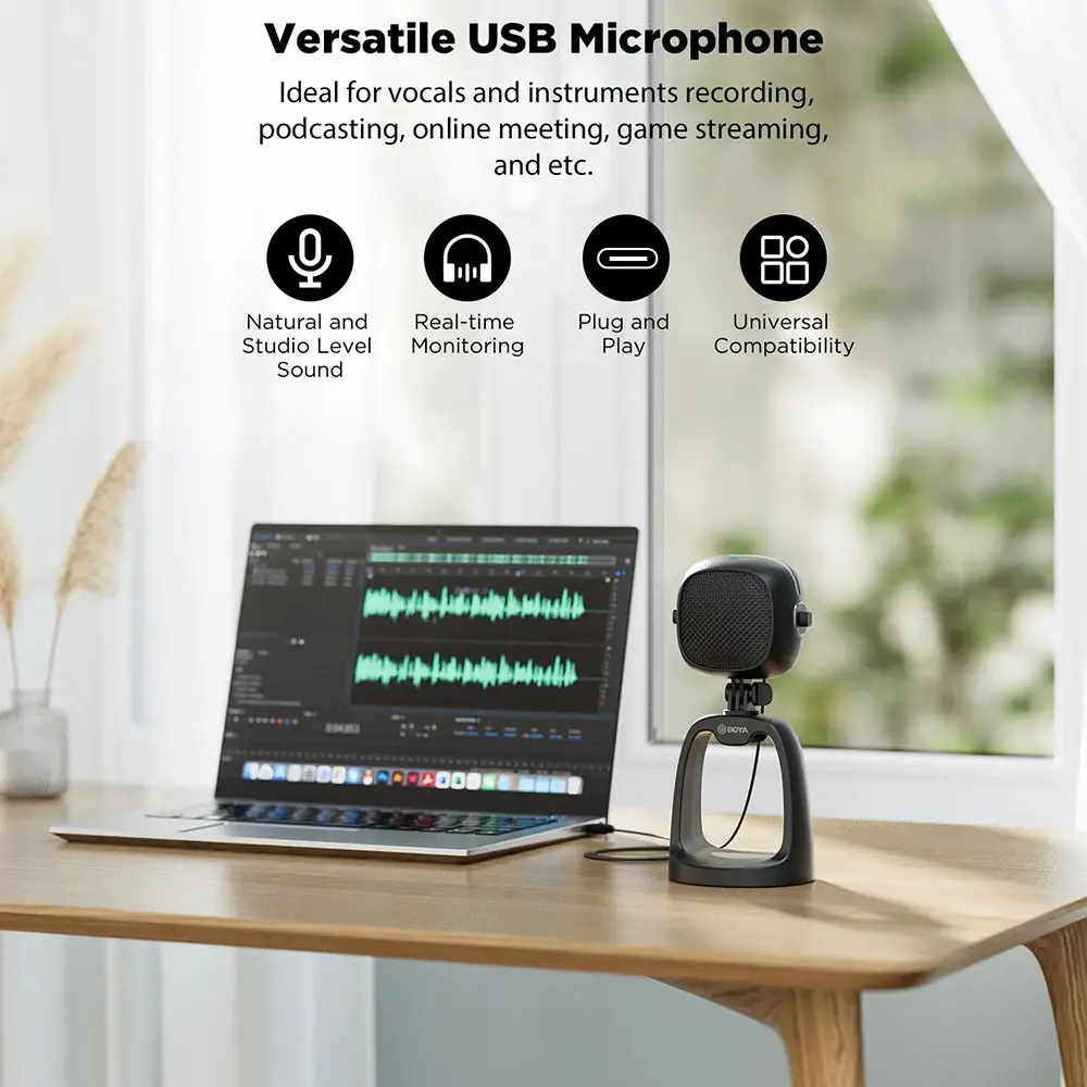 BOYA BY-CM6 Wired Condenser Desktop Microphone, Cardioid Pickup Pattern, 20Hz-20kHz Frequency, Type-C Port, 3.5mm Headphone Output, Black