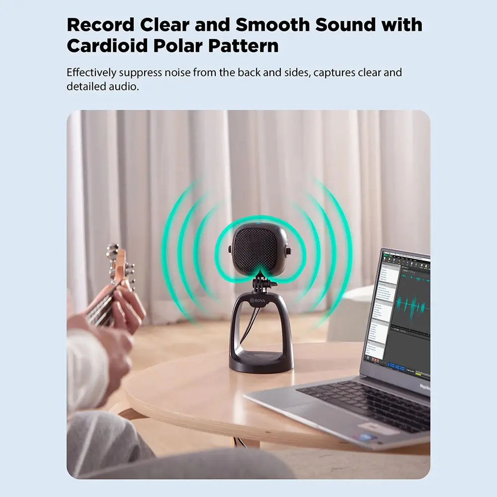 BOYA BY-CM6 Wired Condenser Desktop Microphone, Cardioid Pickup Pattern, 20Hz-20kHz Frequency, Type-C Port, 3.5mm Headphone Output, Black