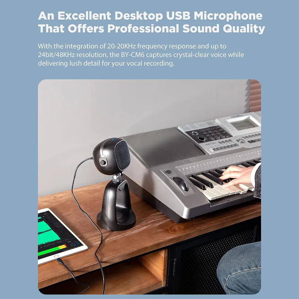 BOYA BY-CM6 Wired Condenser Desktop Microphone, Cardioid Pickup Pattern, 20Hz-20kHz Frequency, Type-C Port, 3.5mm Headphone Output, Black