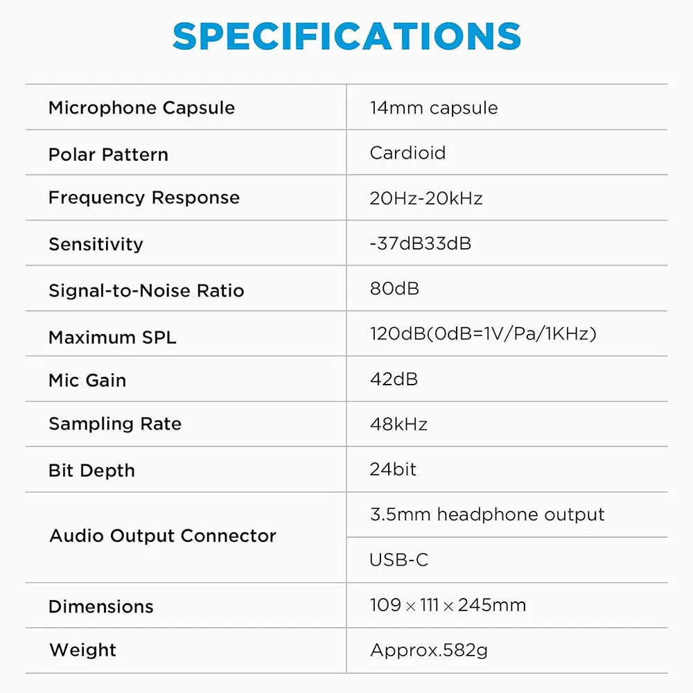 BOYA BY-CM6 Wired Condenser Desktop Microphone, Cardioid Pickup Pattern, 20Hz-20kHz Frequency, Type-C Port, 3.5mm Headphone Output, Black