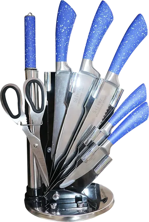 Stainless Steel Knife Set, 7 Pieces with Acrylic Stand, Blue and White Polka Dot, 10-112-8