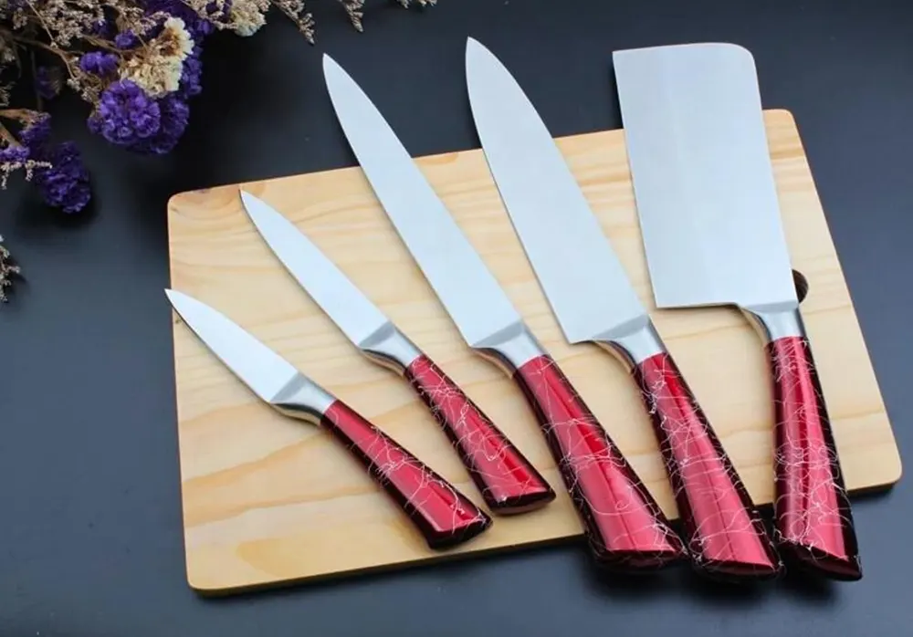 Stainless Steel Knife Set, 7 Pieces with Acrylic Stand, Red, 10-112-5