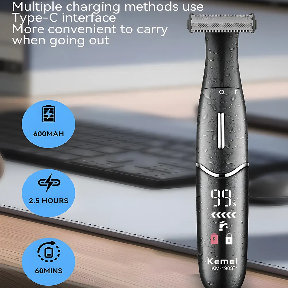 Kemei Rechargeable Waterproof Face and Body Shaver, Black, KM-1903