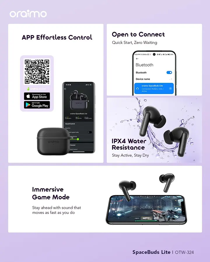 سماعات اذن لاسلكية أوريمو سبيس بادز لايت ، 500 مللي ، بلوتوث 5.4 ، ANC ، مقاومة للماء ، اسود ، OTW-324