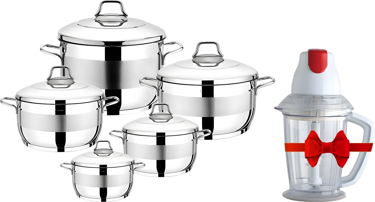 Stainless Steel Cookware Set Cratos Ecoten 10-Piece , Silver + Tornado Chopper for Vegetables, 400 Watt, 1.5 Liter, White, CH-400 BL