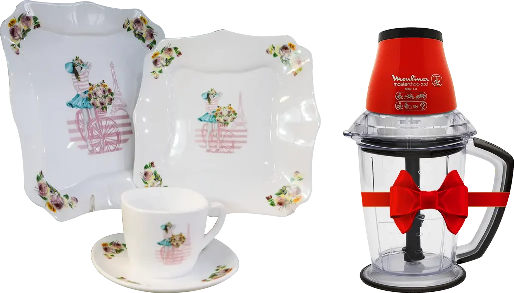 Arcopal Square Dinner Set, 58 Pieces, white + Moulinex Chopper, 500 Watt, 1.5 Liter, Red, DJ4700EG1