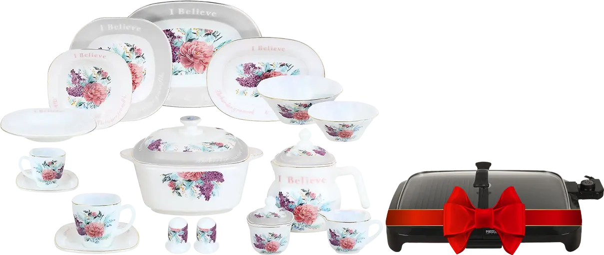 Arcopal Thai  Dinner Set, 58 Pieces, White + MediaTech Electric Grill, 1600 Watt, Black, MT-F01