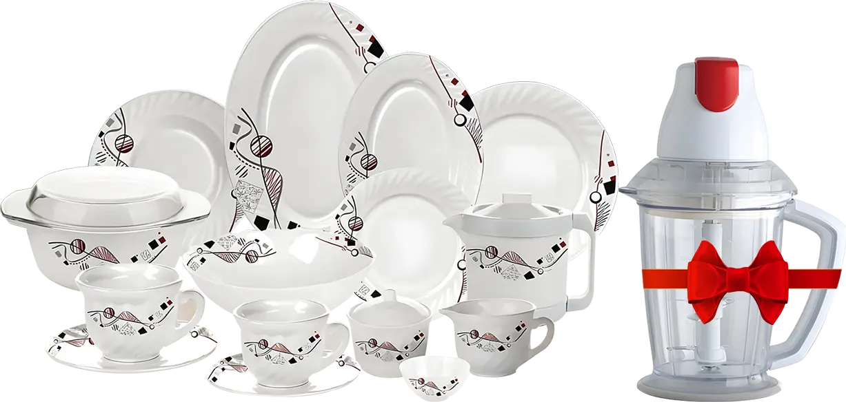 Arcopal Makkah 58-piece dinner set, round, white, model 05 + Tornado Chopper for Vegetables, 400 Watt, 1.5 Liter, White, CH-400 BL