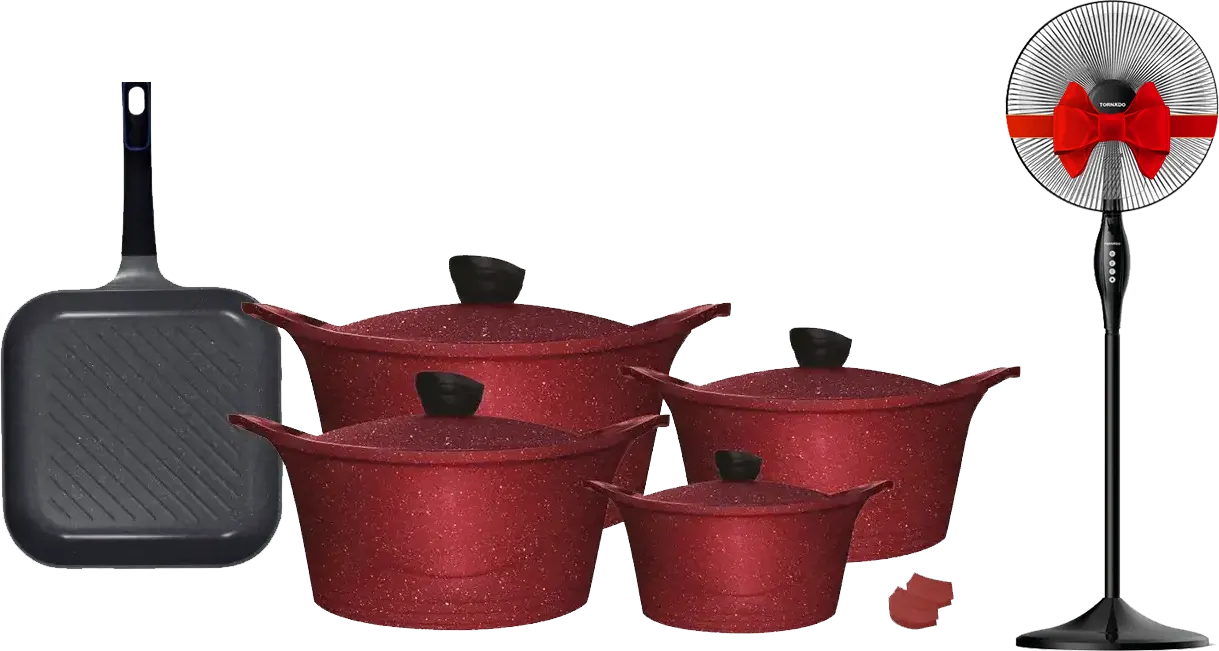 Glory Luxe Granite Cookware Set, 11 Pieces, Red + Tornado Stand Fan, 16 In, Black, TSF-16W
