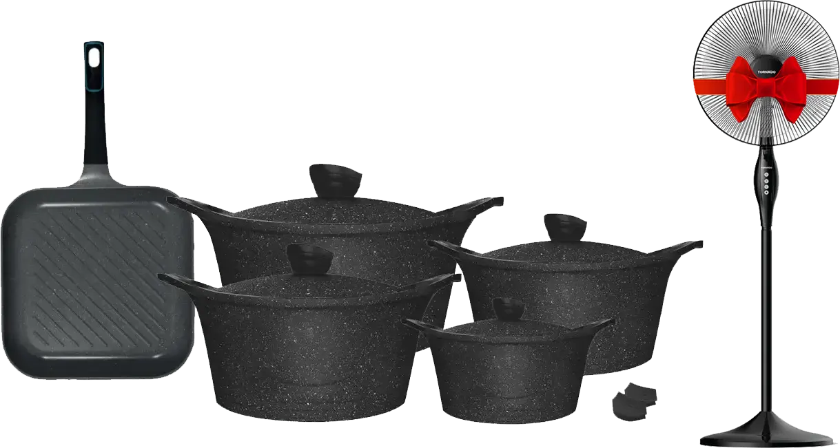 Glory Luxe Granite Cookware Set, 11 Pieces, Black + Tornado Stand Fan, 16 In, Black, TSF-16W