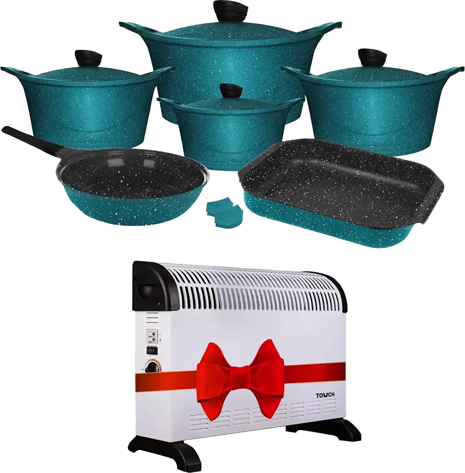 Glory Granite Cookware Set, 12 Pieces, Green +Touch El Zenouki Fan Heater, 2000 W, White, 41111-33
