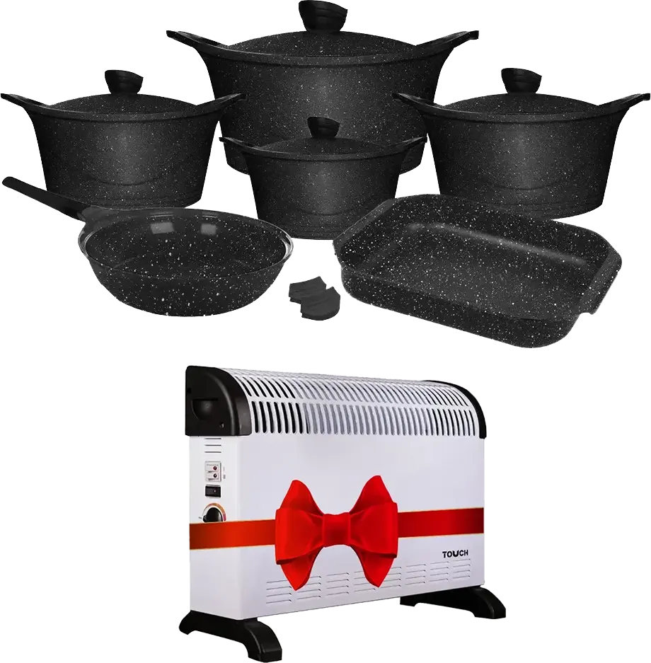 Glory Granite Cookware Set, 12 Pieces, Black +Touch El Zenouki Fan Heater, 2000 W, White, 41111-33