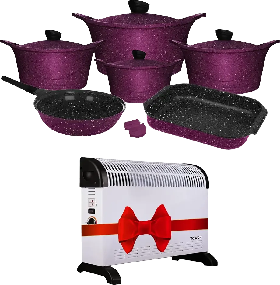 Glory Granite cookware set, 12 pieces,  Dark purple +Touch El Zenouki Fan Heater, 2000 W, White, 41111-33
