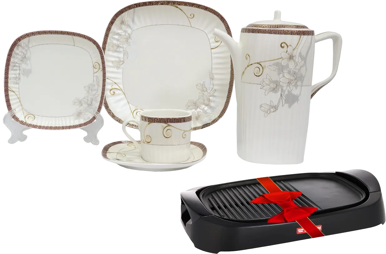 طقم صيني  ابيض كنار لاكوست ، 127 قطعة + شواية كهربائية فريش هيلثي، 2000 وات، بدون غطاء، أسود، HG2000