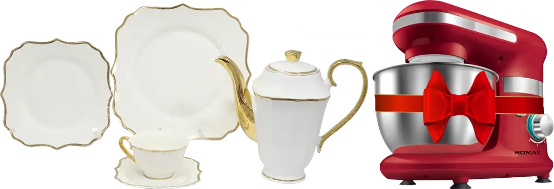 طقم صيني سفره الكينج ، 111قطعة ، مربع ، YFB03 + عجان سوناي، 600 وات، 4 لتر، 6 سرعات، أحمر، SH-M770