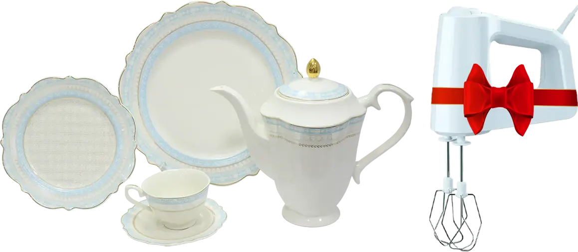 طقم صيني فيكتوريا ، ابيض في بيبي بلو اطار جولد ، 111 قطعة ،  210010 + مضرب بيض براون، 450 وات، 5 سرعات، أبيض ، HM3000