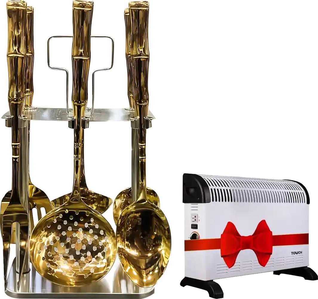 Al-Andalus Stainless Steel 6-Piece Serving Set with Stand, Gold Color, Model 291 + Touch El Zenouki Fan Heater, 2000 W, White, 41111-33