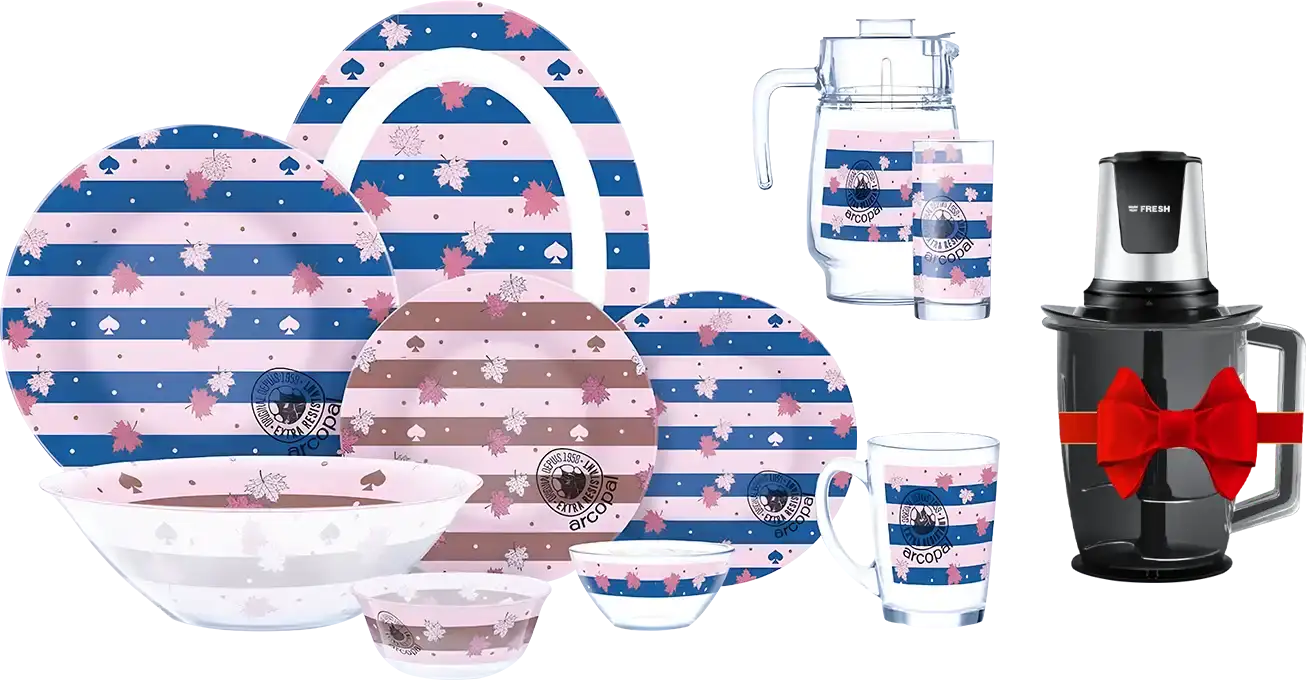 طقم اركوبيركس جراندل 42 قطعة، لون أزرق*بينك، موديل 7569 +  + كبه فريش، 700 وات، 2 لتر، أسود