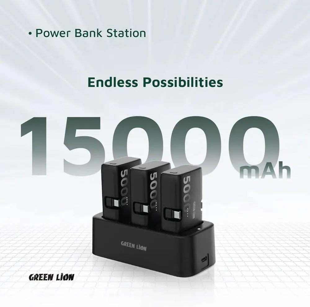 باور بانك 3 في 1 من جرين ليون، 3 باور بانك × 5000 مللي امبير، 20 وات، قاعدة شحن، مؤشر ليد، موصل Type-c و lightning ، أسود