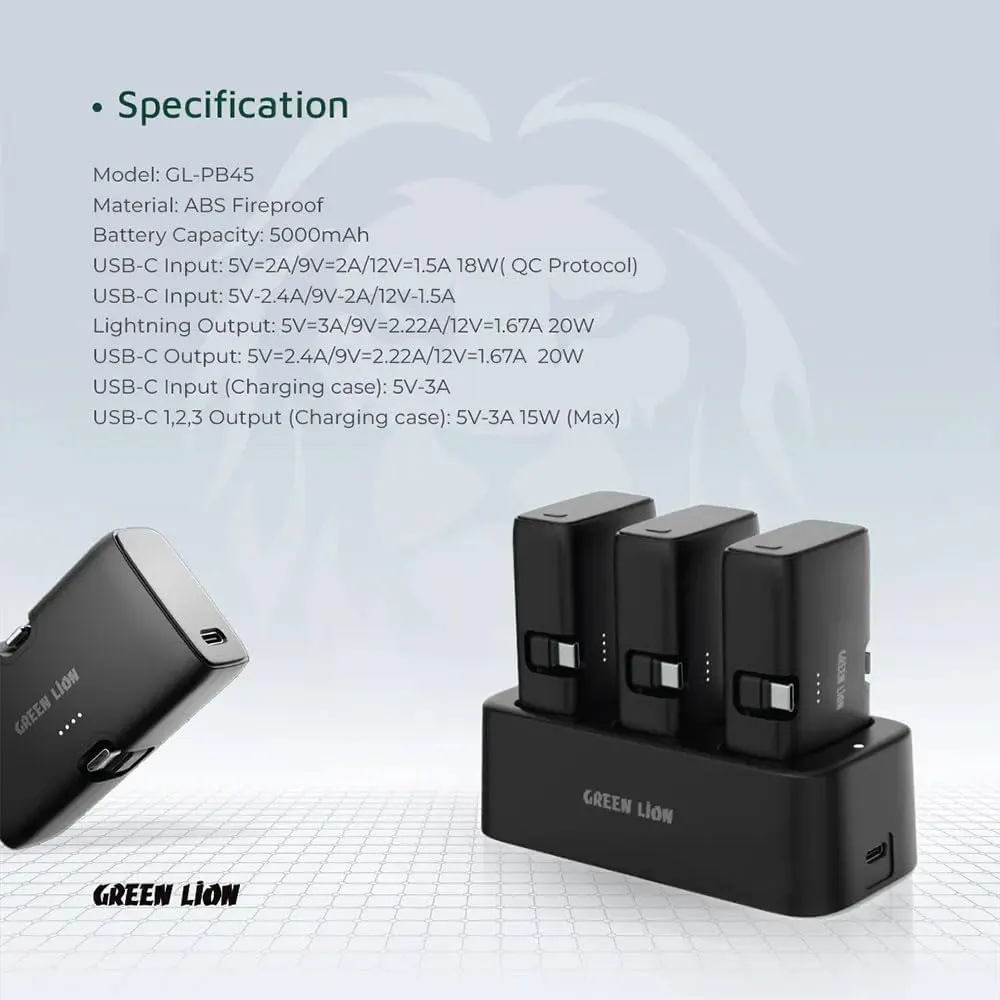 باور بانك 3 في 1 من جرين ليون، 3 باور بانك × 5000 مللي امبير، 20 وات، قاعدة شحن، مؤشر ليد، موصل Type-c و lightning ، أسود