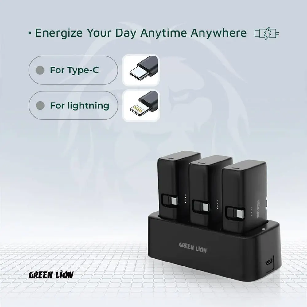 باور بانك 3 في 1 من جرين ليون، 3 باور بانك × 5000 مللي امبير، 20 وات، قاعدة شحن، مؤشر ليد، موصل Type-c و lightning ، أسود