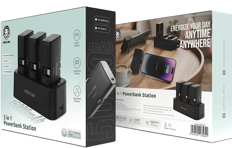 باور بانك 3 في 1 من جرين ليون، 3 باور بانك × 5000 مللي امبير، 20 وات، قاعدة شحن، مؤشر ليد، موصل Type-c و lightning ، أسود