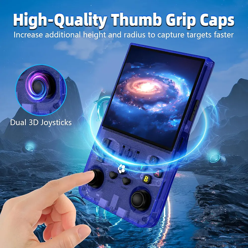 وحدة تحكم ألعاب محمولة R36MAX ، شاشة IPS مقاس 4.0 بوصة، بطارية 4000 مللي أمبير، وقت تشغيل 6 ساعات، 1 جيجا رام، مساحة تخزين 64، تحتوي على اكثر من 1500 لعبة، أزرق