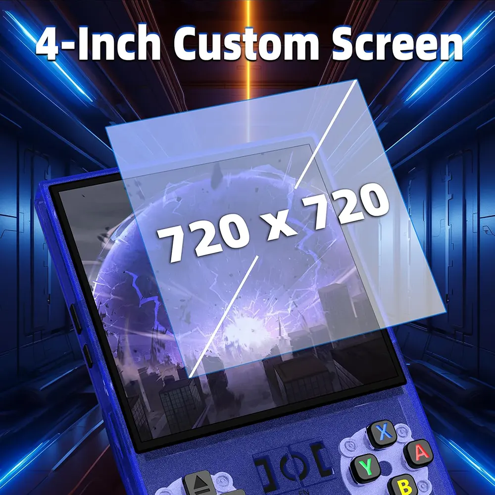 وحدة تحكم ألعاب محمولة R36MAX ، شاشة IPS مقاس 4.0 بوصة، بطارية 4000 مللي أمبير، وقت تشغيل 6 ساعات، 1 جيجا رام، مساحة تخزين 64، تحتوي على اكثر من 1500 لعبة، أزرق