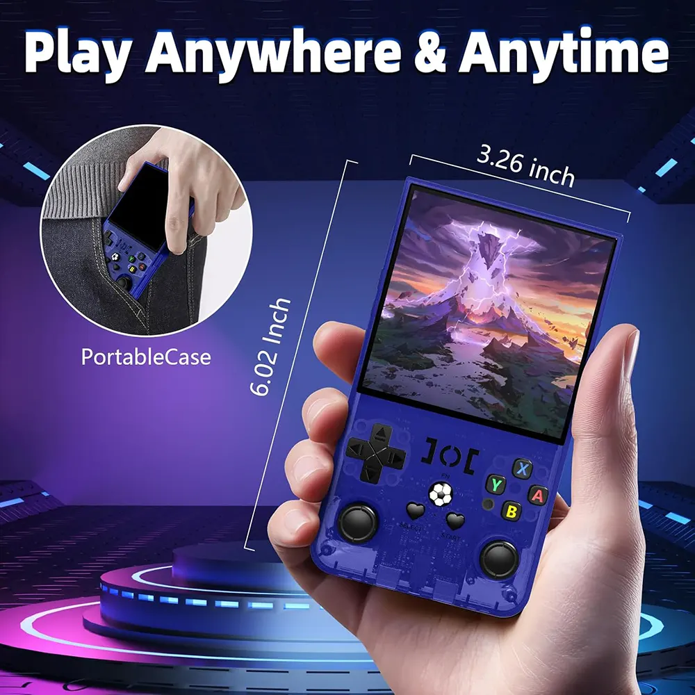 وحدة تحكم ألعاب محمولة R36MAX ، شاشة IPS مقاس 4.0 بوصة، بطارية 4000 مللي أمبير، وقت تشغيل 6 ساعات، 1 جيجا رام، مساحة تخزين 64، تحتوي على اكثر من 1500 لعبة، أزرق