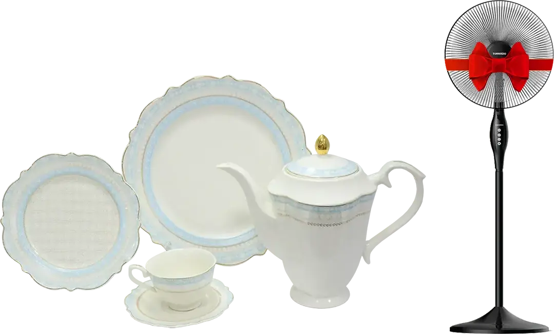 طقم صيني فيكتوريا ، ابيض في بيبي بلو اطار جولد ، 111 قطعة ،  210010  + مروحة استاند تورنيدو، 16 بوصة، أسود ، HM3000