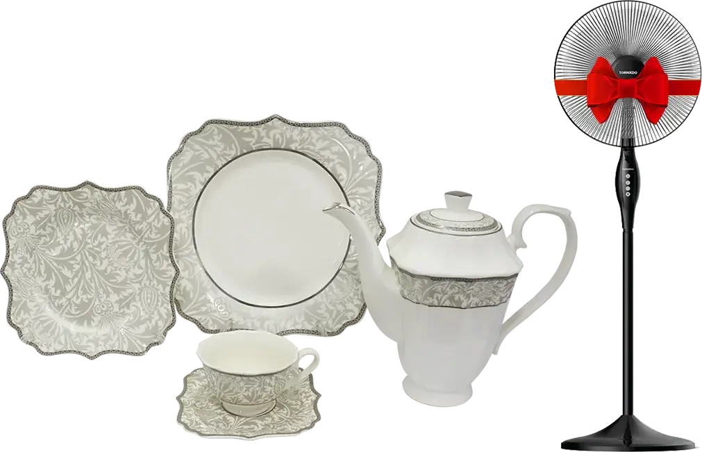 طقم صيني كينج مربع ، ابيض في جراي ، 111 قطعة ، LM-06 + مروحة استاند تورنيدو، 16 بوصة، أسود ، TSF-16W