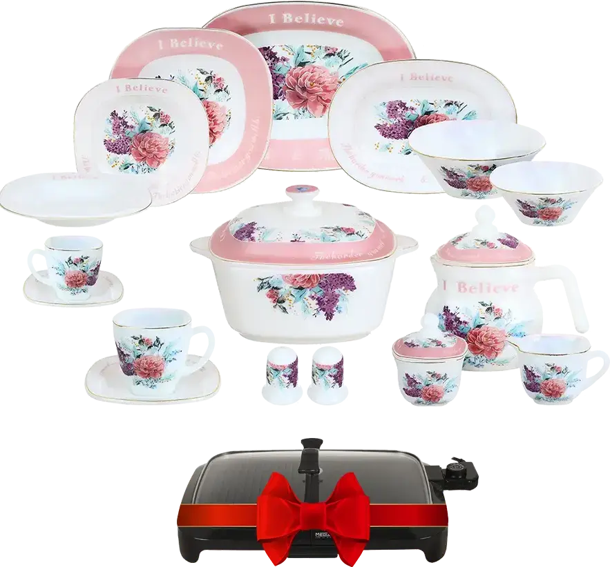 Arcopal Thai Dinner Set, 58 Pieces, White and Pink + MediaTech Electric Grill, 1600 Watt, Black, MT-F01