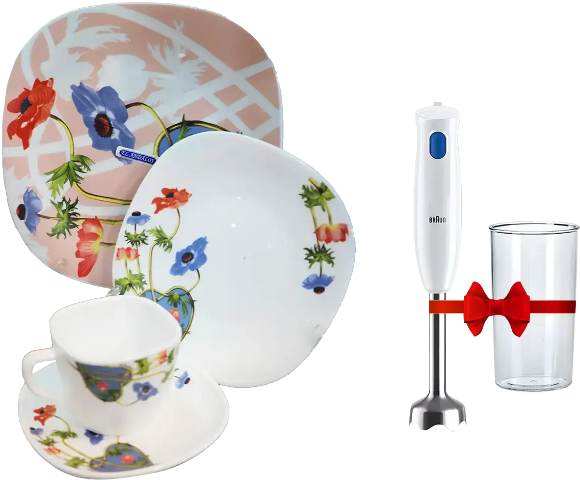 طقم عشاء اركوبال الاندالس 60 قطعة ، مربع ، ألوان متعدد + هاند بلندر براون مالتي كويك 1، 450 وات، 600 مللي، أبيض،  MQ10.001MWH