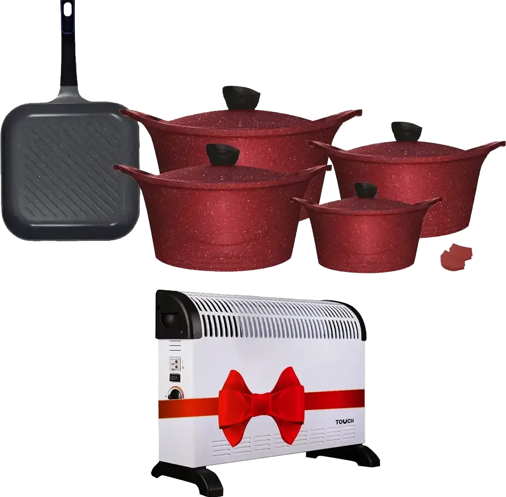 طقم حلل جرانيت جلورى لوكس + جريل، 11 قطعة، أحمر +  دفاية مروحة تاتش الزنوكي، 2000 وات، أبيض، 41111-33