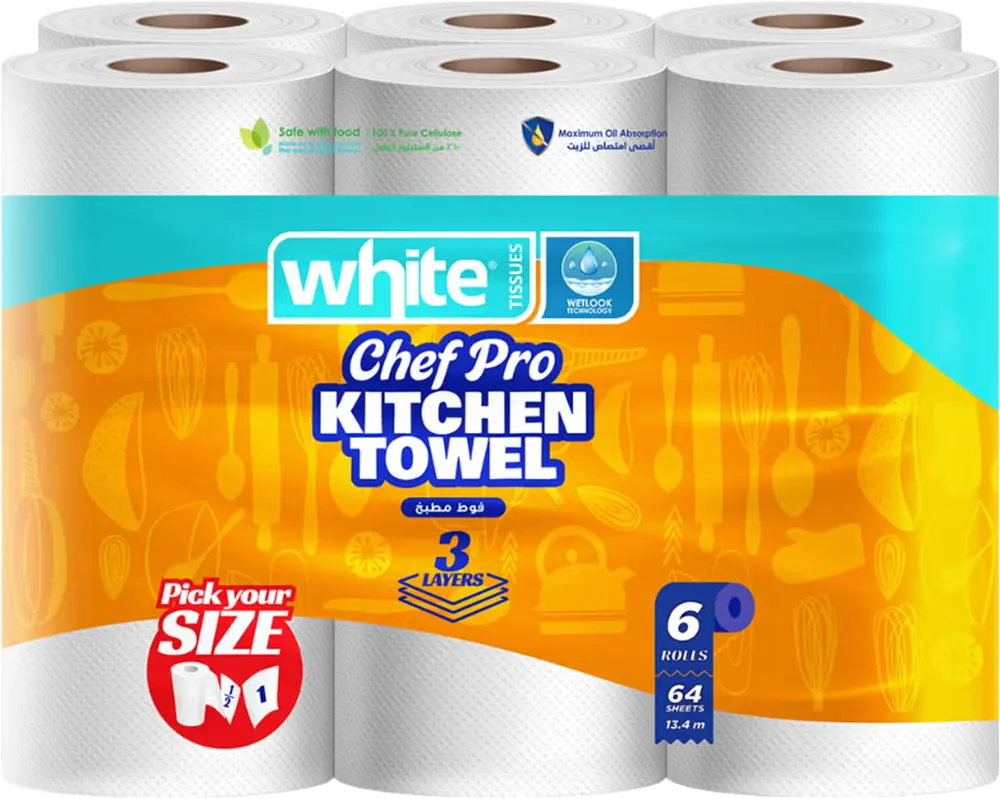 مناديل مطبخ وايت شيف برو، 3 طبقات ،6 قطع رول