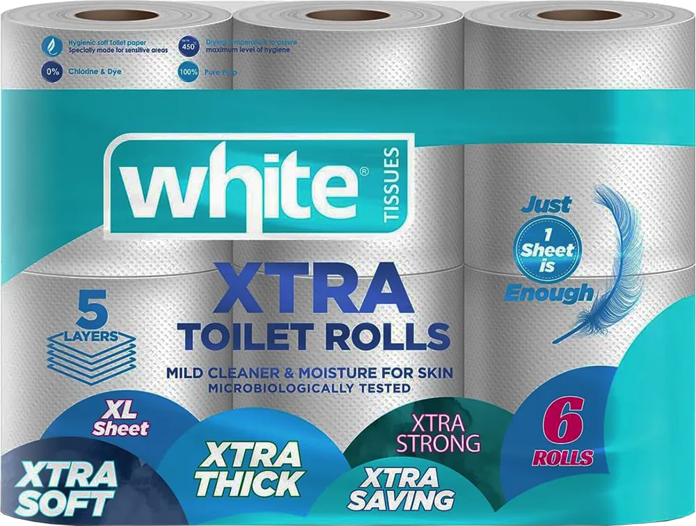 White Extra Soft Toilet Tissue, 6 Rolls, 5 Ply