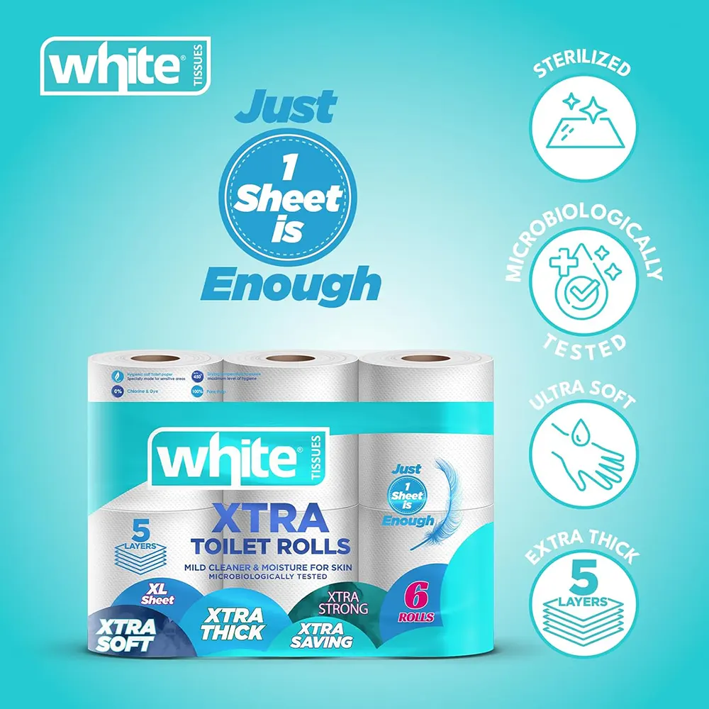 White Extra Soft Toilet Tissue, 6 Rolls, 5 Ply